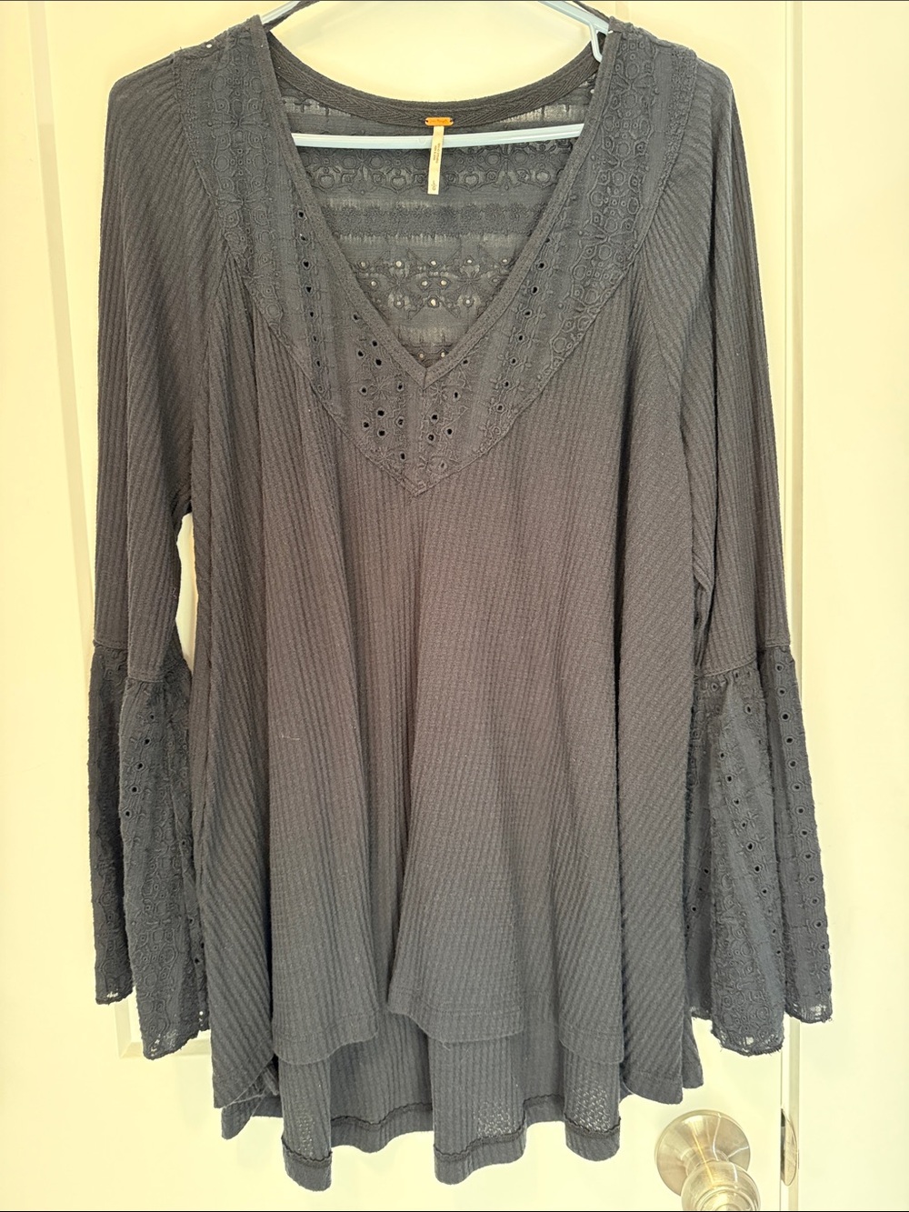 Free People Women's Black Parisian Nights Thermal Lace Bell Sleeve size L